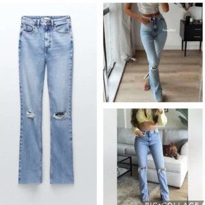 Zara High Rise Slim Flare Full Length Split Hem Jeans